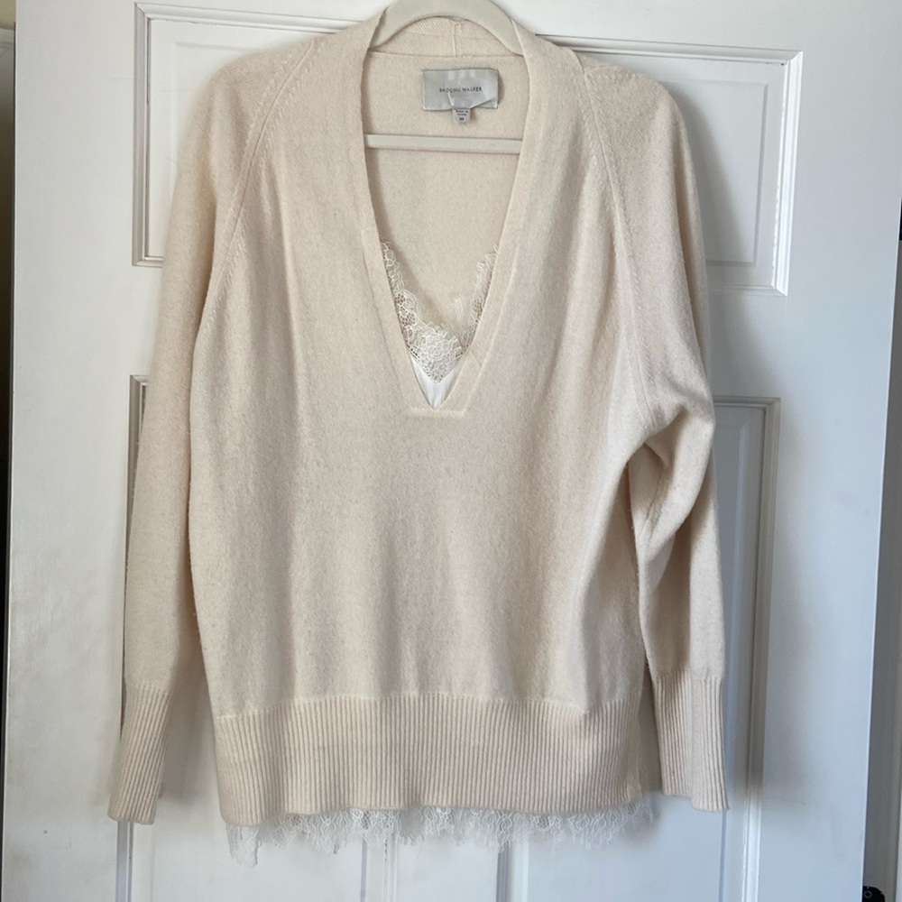 Brochu Walker Ivory Lace Trim Wool Cashmere Sweater